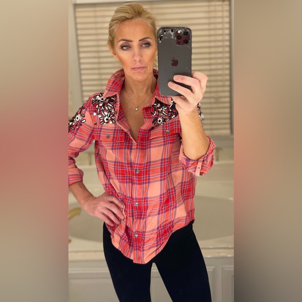 Essentiel Antwerp, NWT, Red Plaid Embellished Shirt
